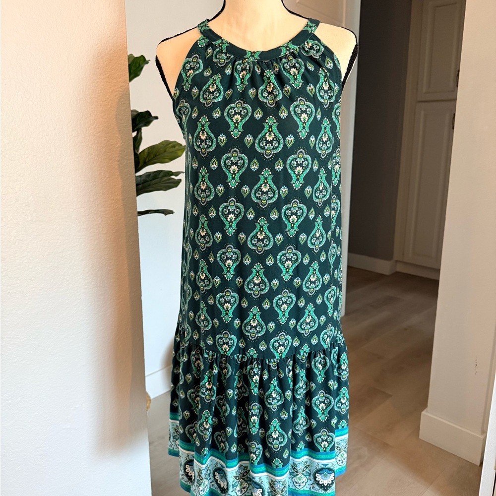 LOFT Teal and Black Patterned Midi Dress
